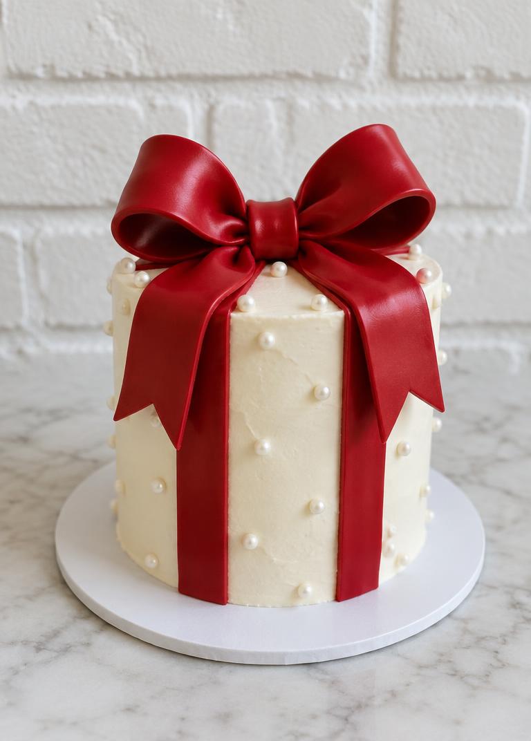 White cake wrapped with a red fondant bow