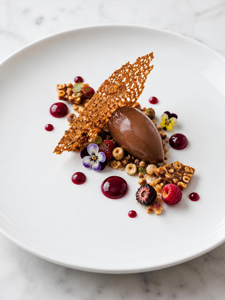 Plated chocolate dessert with praline and tuile