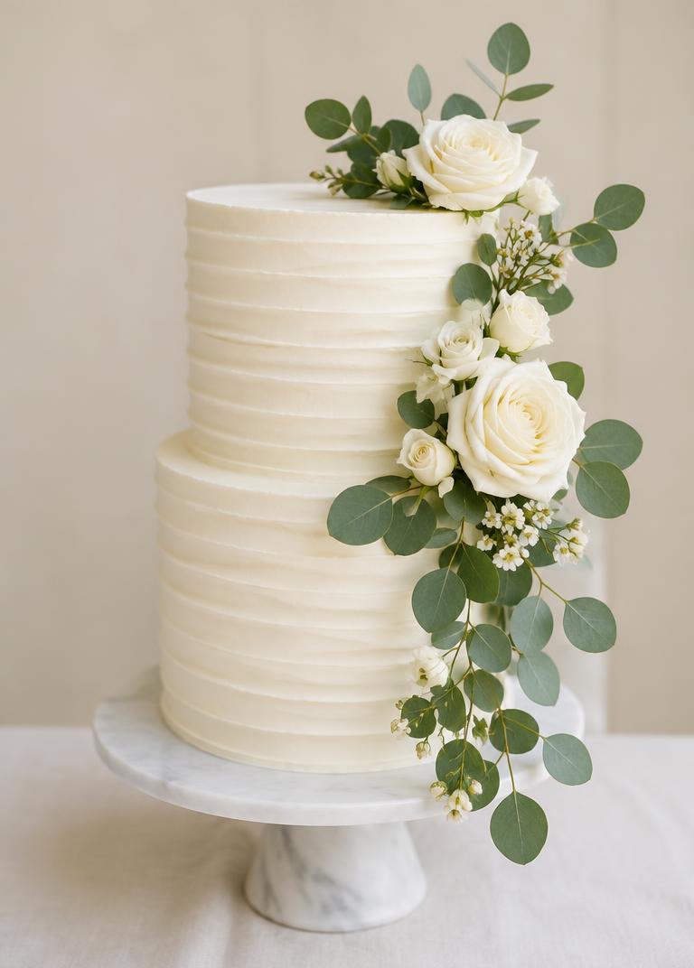 Two-tier white cake with roses and eucalyptus