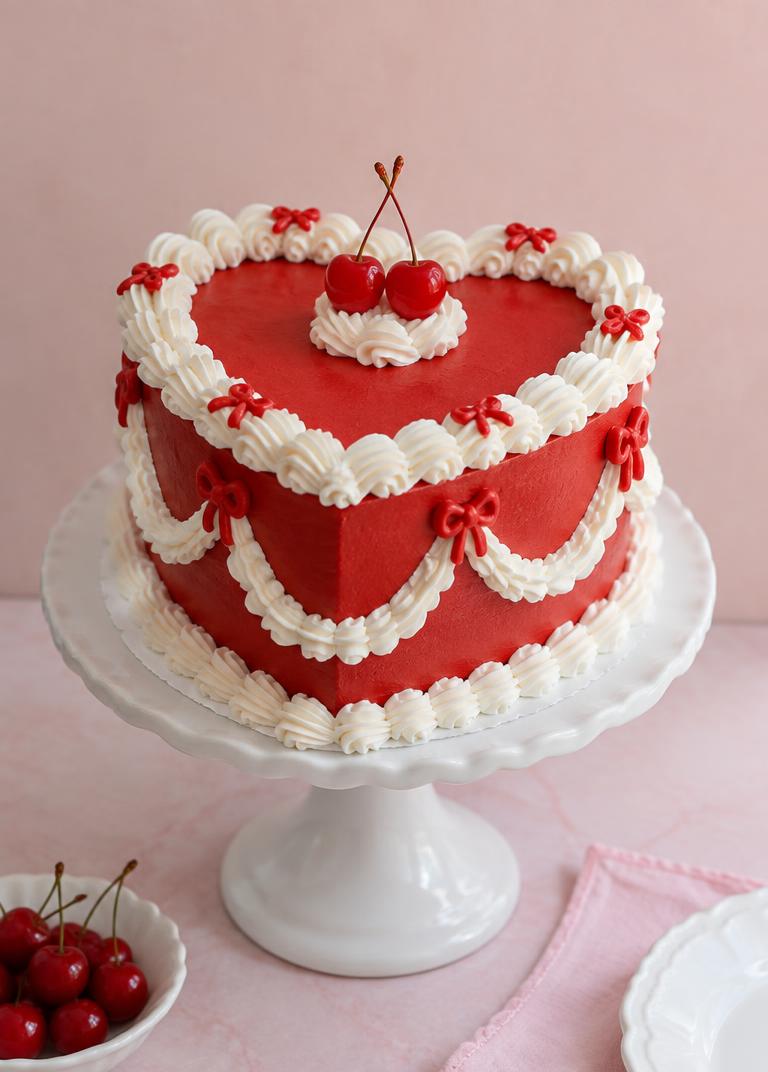 Red heart-shaped vintage piped cake with cherries